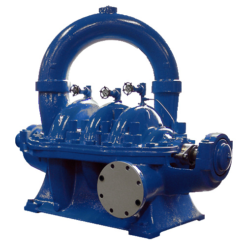 Horizontal 3-stage centrifugal boiler feed pump completely assembled on a transparent background.
